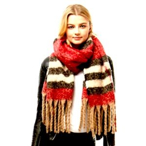 Red Black Striped Oblong Fringed Winter Scarf